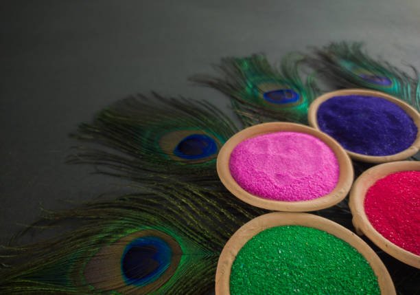 colorful powders for holi on clay pots on occasion of indian festival of colors. happy holi theme shot against black background with peacock feathers. copy space for text.